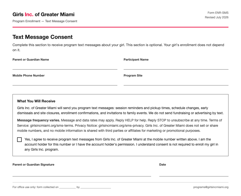 Printed Girls Inc. of Greater Miami text message consent form with mobile number field, disclosures, consent checkbox, signature line, and date